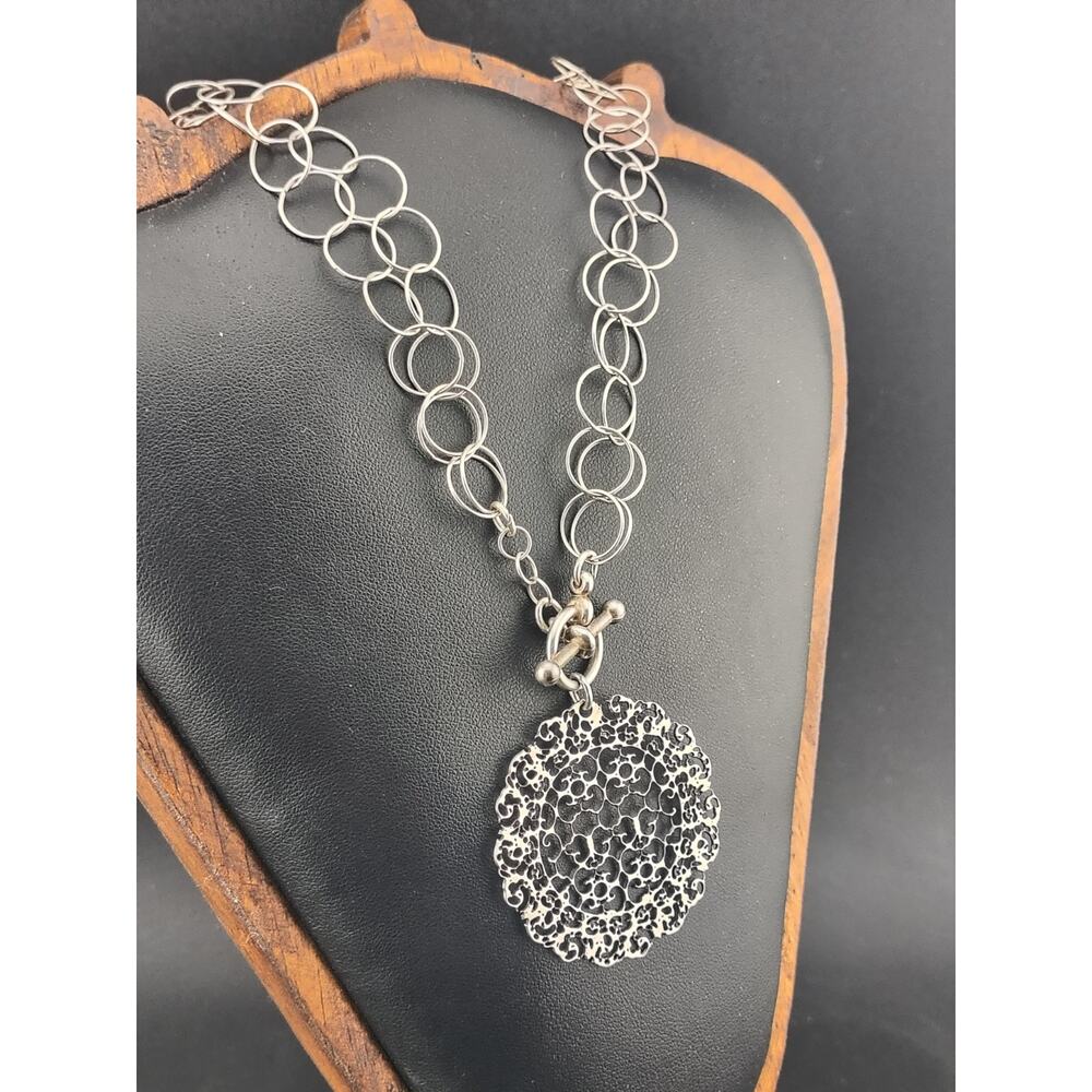 Vintage Sterling Silver Filigree Disk Necklace - Double Circle Link Chain - 18"
